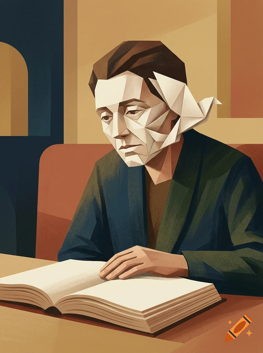 Illustration of a person reading a book, with origami facial features and an origami bird attached to the side of their head.