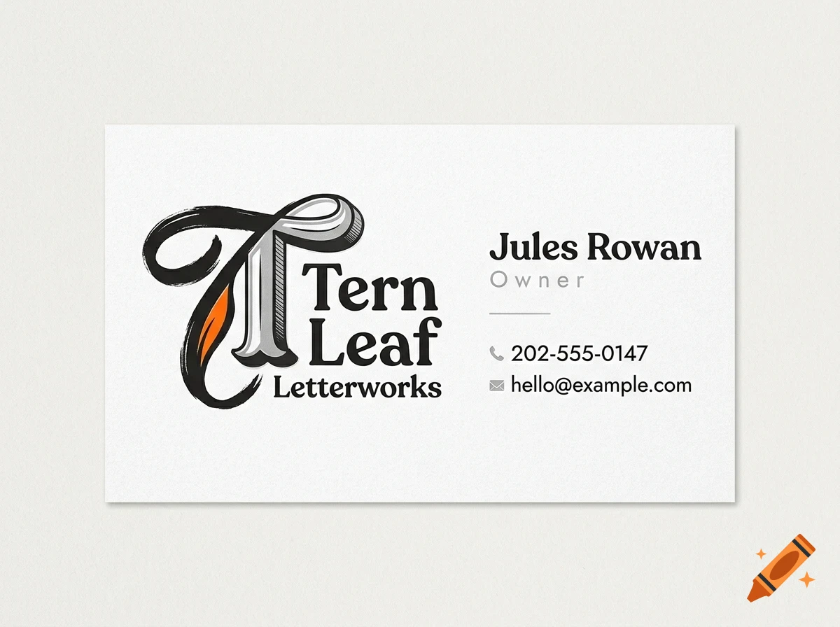 A business card for Tern Leaf Letterworks with the name Jules Rowan, owner, phone number, and email address.
