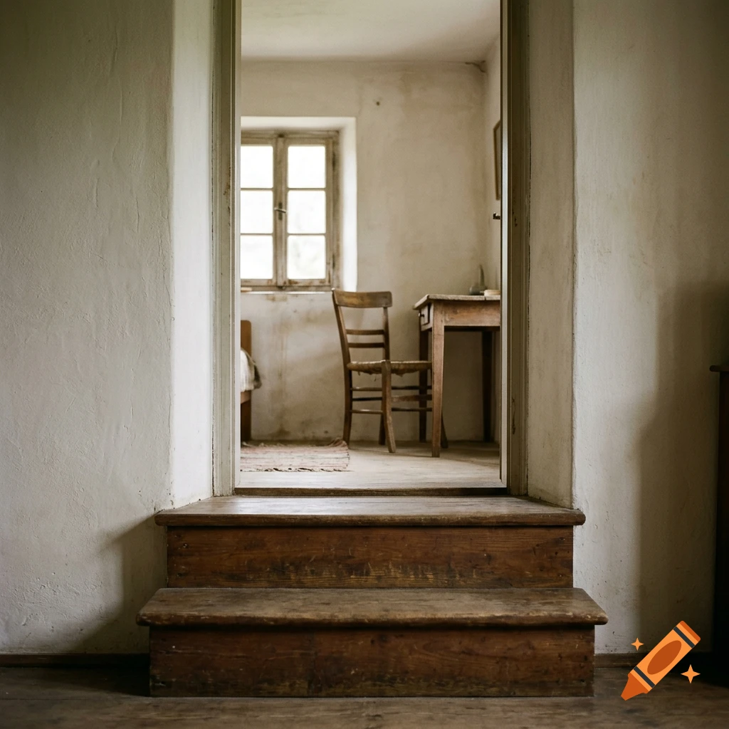 Photorealistic view from a low wooden staircase into a rustic room with a chair, desk, and window.