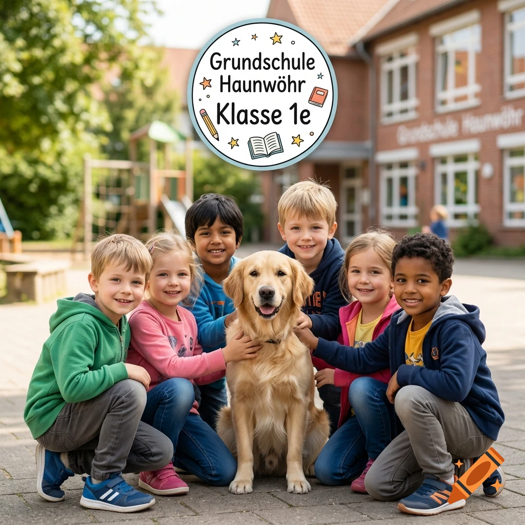 Group of six children smiling and posing with a golden retriever in front of a school building.
