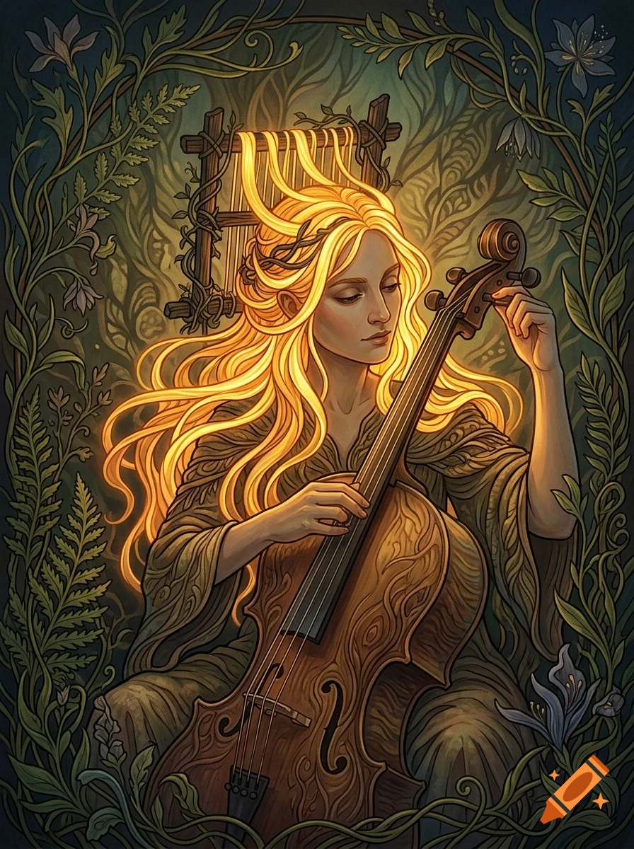 An illuminated digital illustration of a woman playing a wooden cello, surrounded by intricate foliage and a glowing loom in the background.