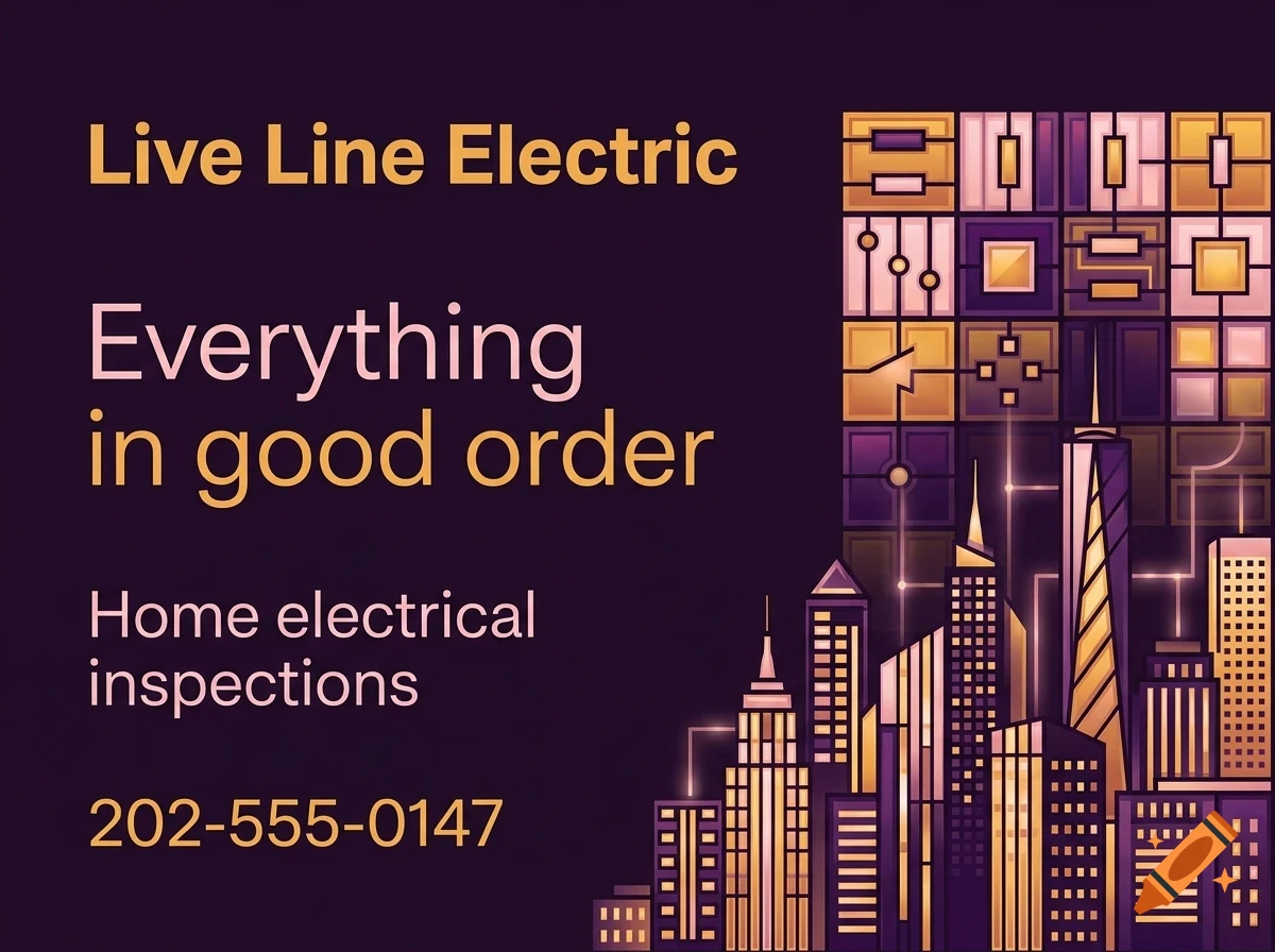 A dark purple graphic featuring the text Live Line Electric, Everything in good order, Home electrical inspections, and 202-555-0147, accompanied by an illustration of a glowing city skyline and abstract circuit patterns.