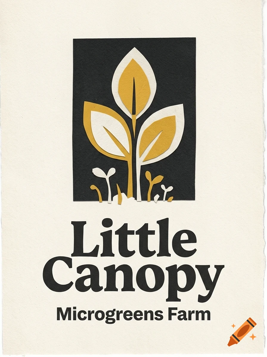 A minimalist paper cut style logo featuring a central plant sprout with yellow and white leaves on a black background, with the text Little Canopy Microgreens Farm below.