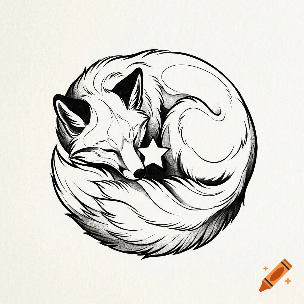An ink drawing of a curled up sleeping fox with a star near its head.