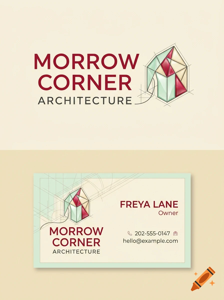 A business card and logo design for Morrow Corner Architecture featuring a geometric house sketch and typography.