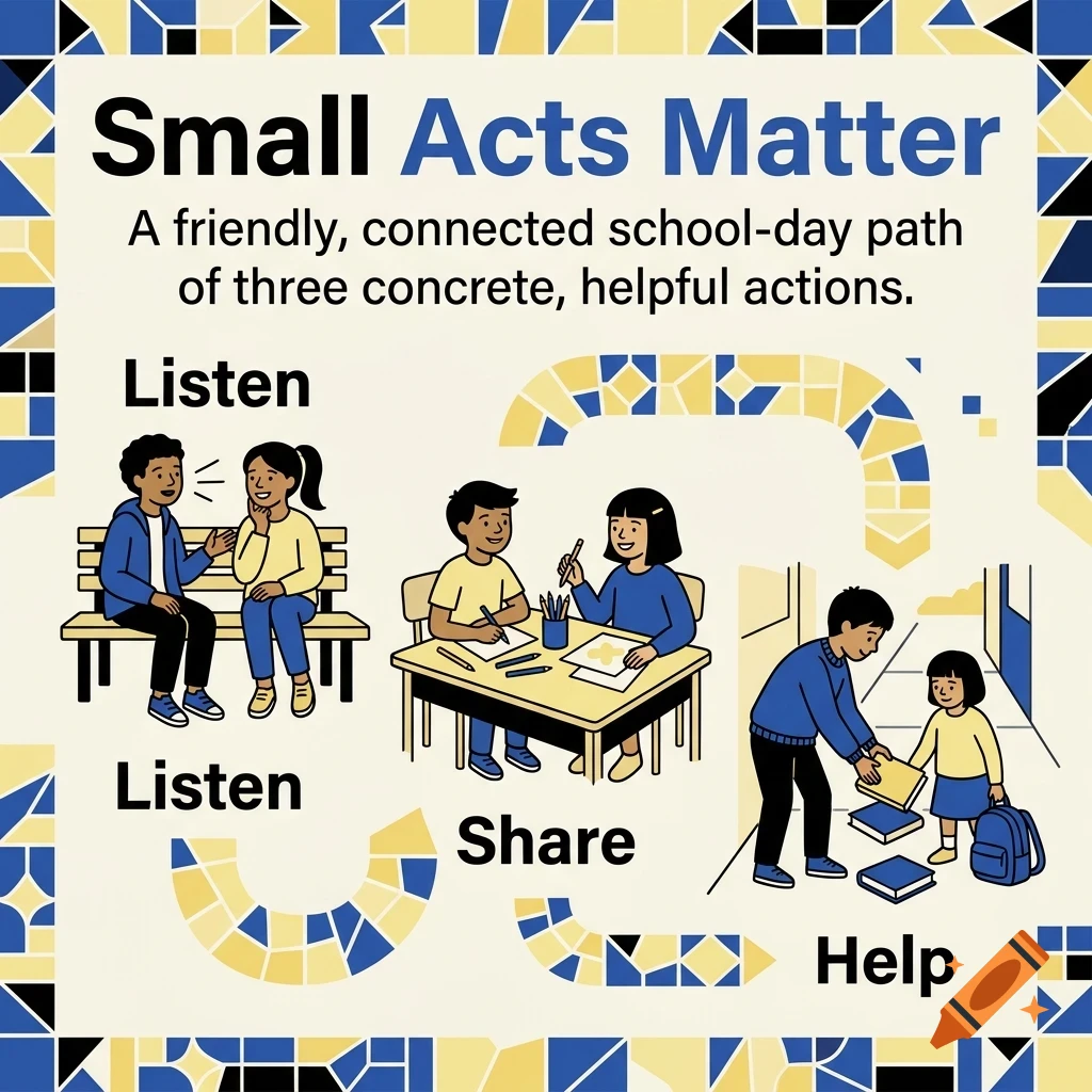 An educational poster titled Small Acts Matter illustrating three acts of listening, sharing, and helping among children.