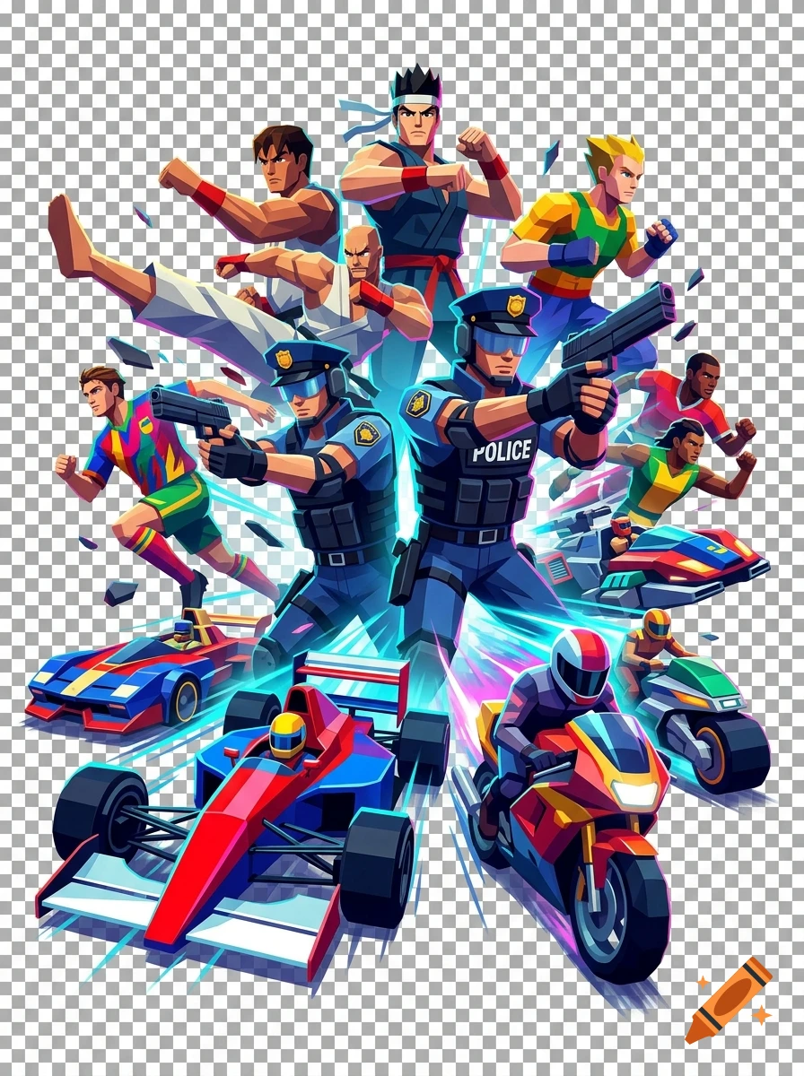 Low-poly 1990s style arcade mashup poster featuring fighting, racing, and police characters rushing forward.
