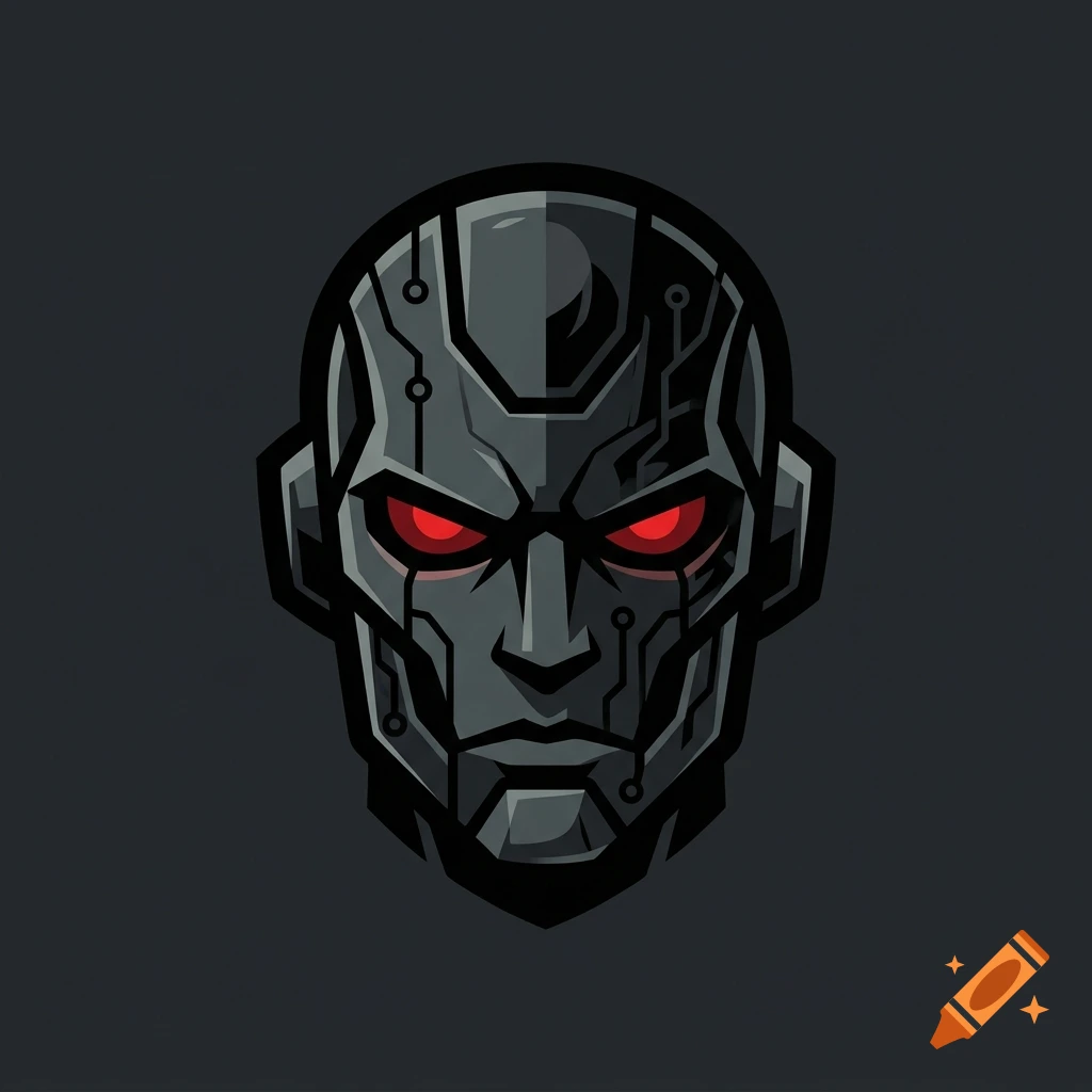 A futuristic dark cyborg or robot head logo with glowing red eyes against a dark gray background.