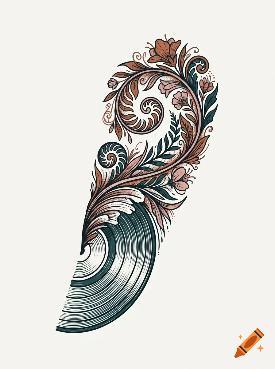 An ornate vector illustration of a swirling floral and wave motif with linework details.