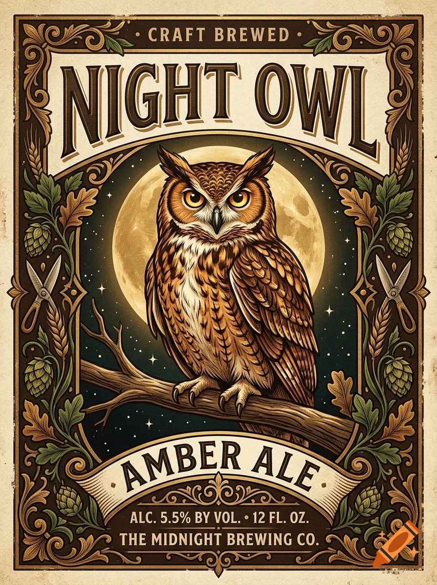 Vintage beer label illustration of a horned owl perched on a tree branch against a full moon, with the text Night Owl Amber Ale.