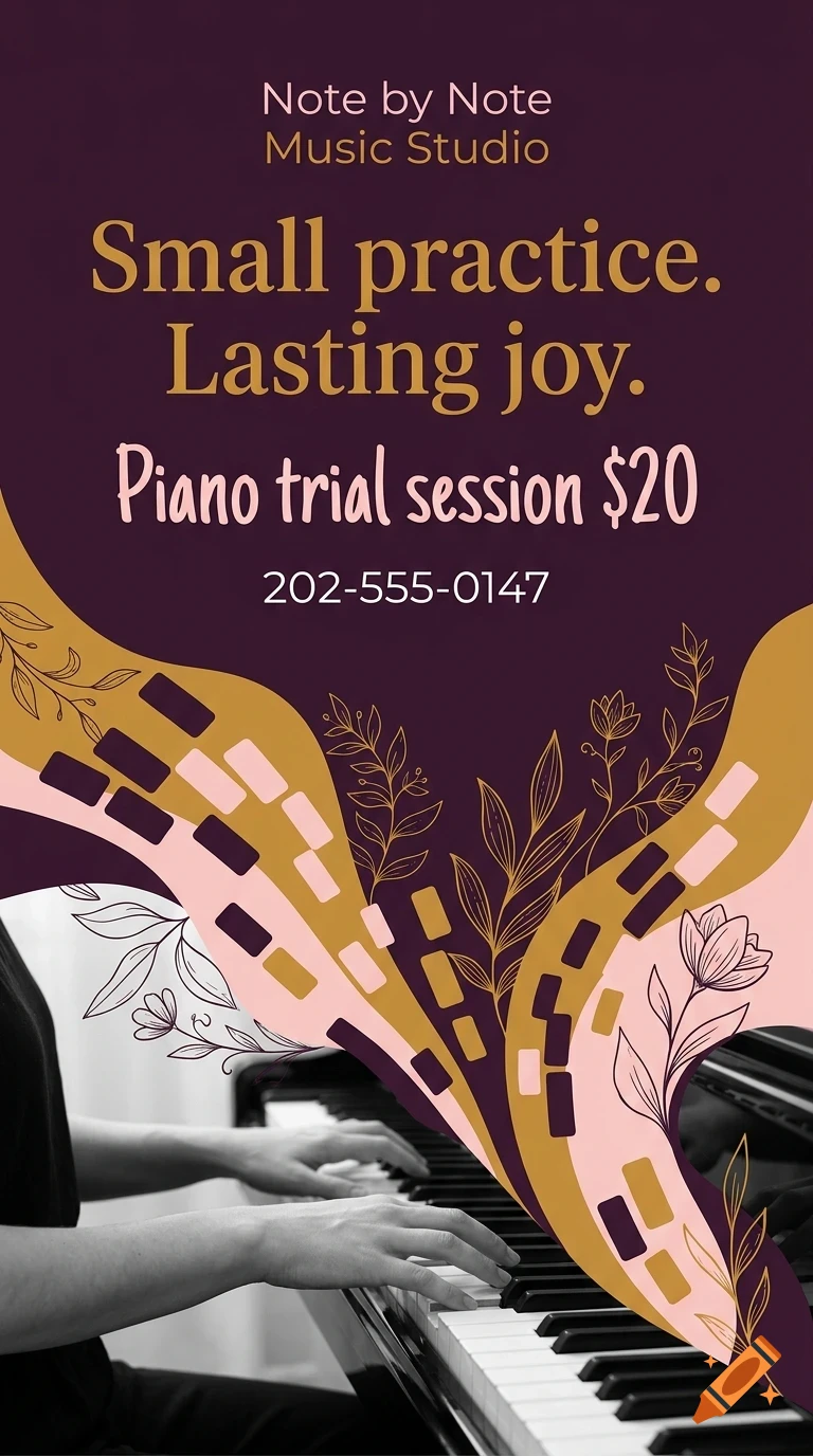 A poster for a music studio featuring a person playing the piano, with abstract waves, botanical line art, and promotional text.