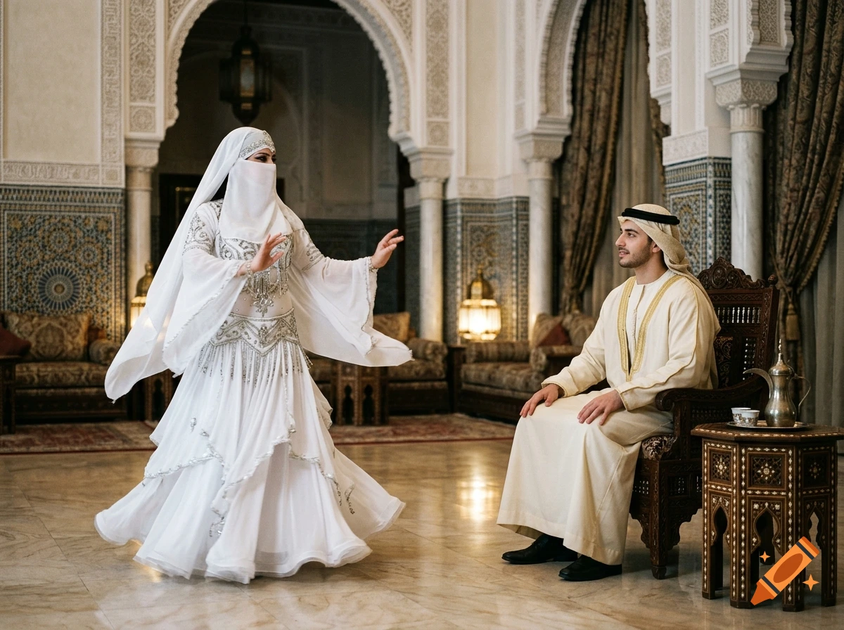 Photorealistic scene of a belly dancer in a white niqab and ornate badlah costume dancing for an Arabian prince seated in a palace.