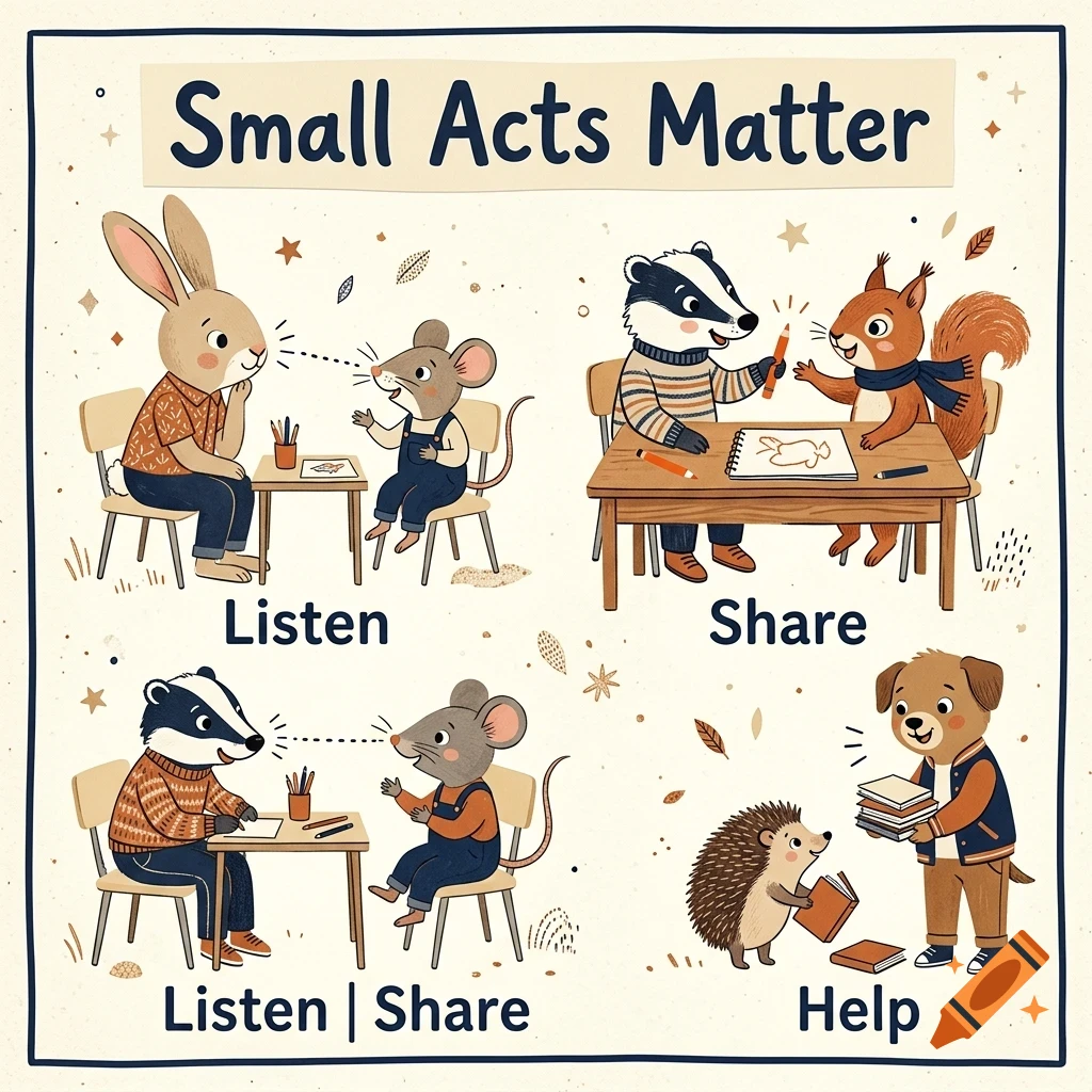 An illustrated poster with four panels showing anthropomorphic animals interacting, captioned with 'Small Acts Matter', 'Listen', 'Share', and 'Help'.