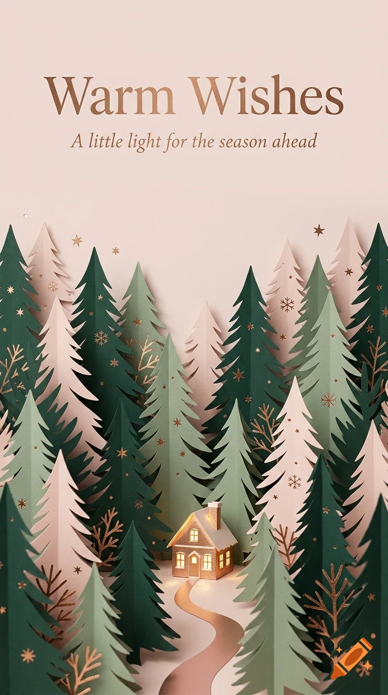 A layered papercraft greeting card featuring green and pink pine trees, a glowing miniature house, and the text Warm Wishes.