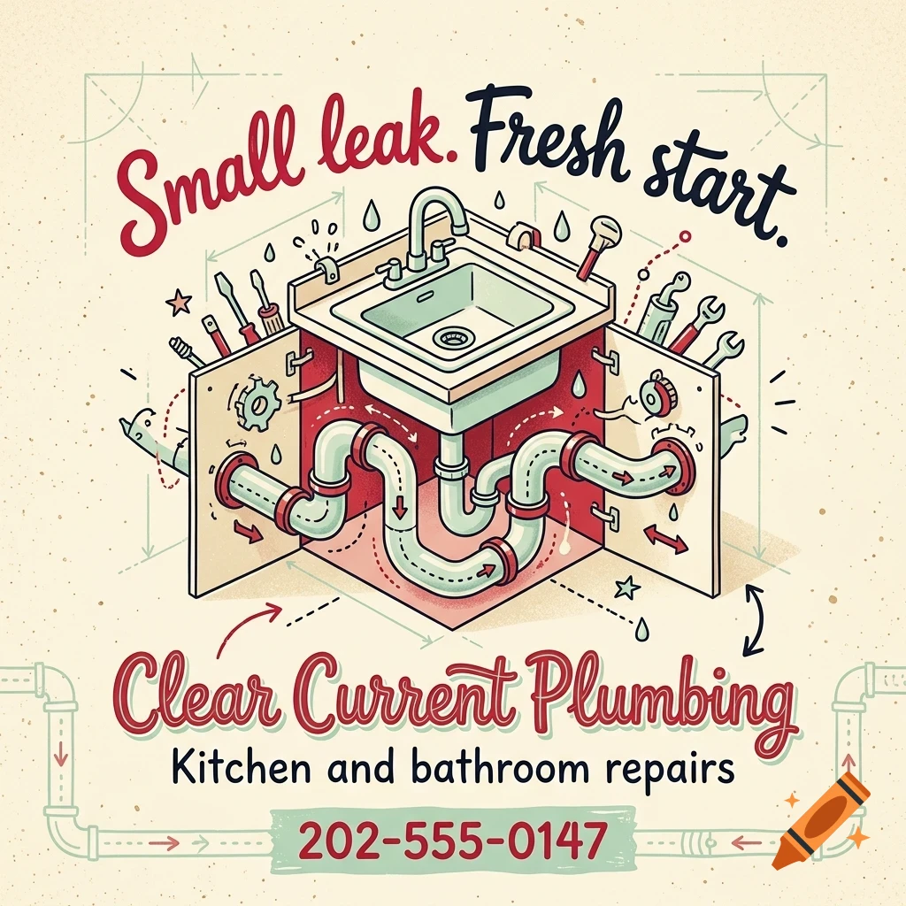 An illustrated plumbing advertisement featuring a cutaway view of a sink, pipes, and tools with text including Small leak. Fresh start.