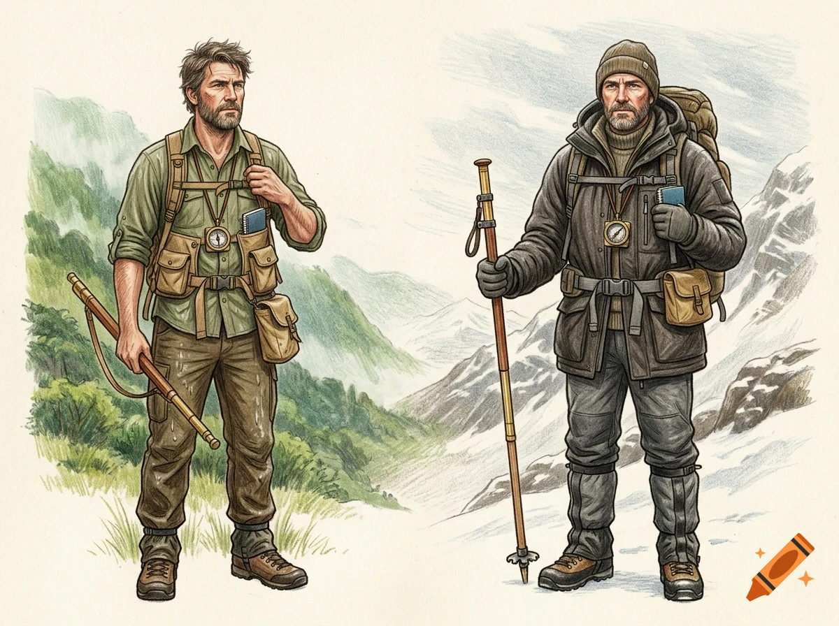 Illustration of two male hikers in outdoor gear with mountains in the background