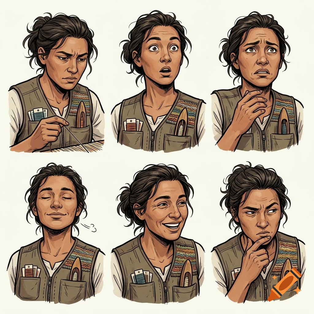 An illustrated character sheet showing a woman with dark hair in six panels expressing different emotions.