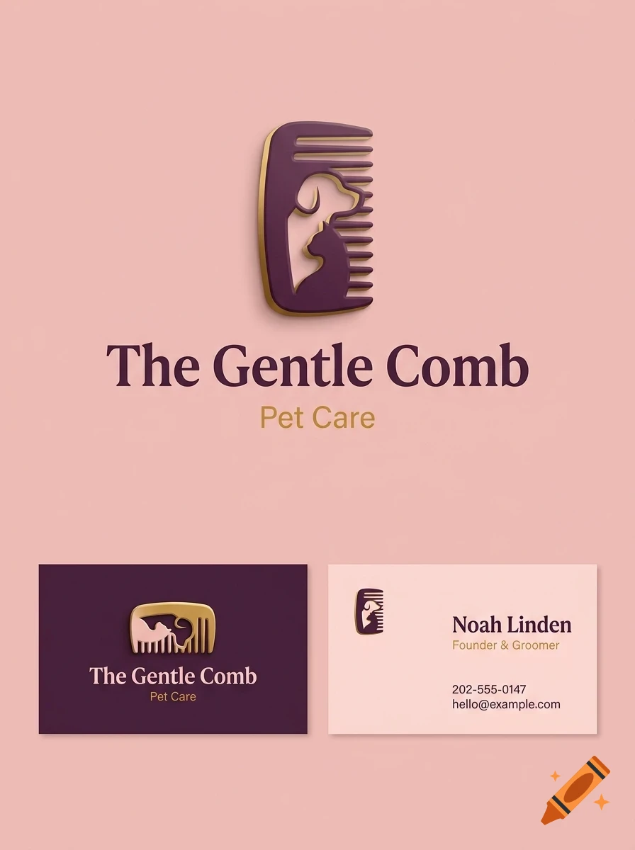 Branding mockup for The Gentle Comb Pet Care, featuring a comb logo with silhouettes of a cat and dog, business cards, and text against a pink background.