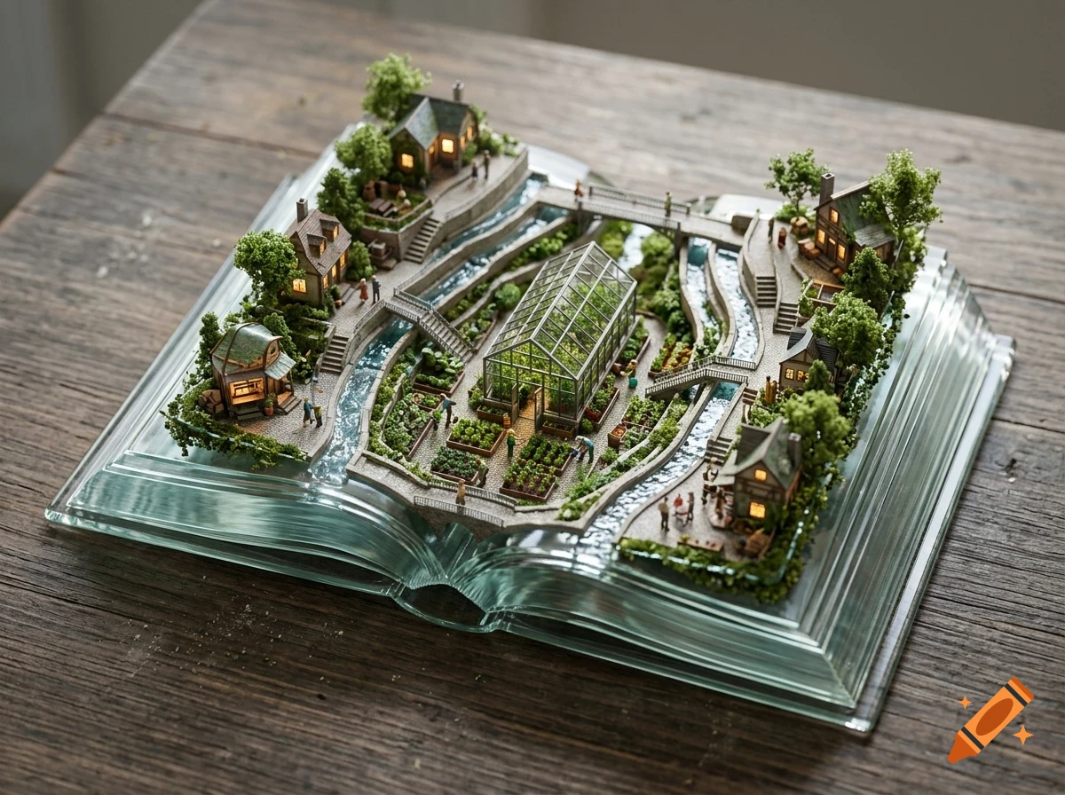 An intricate miniature diorama built inside an open glass book features tiny houses, a greenhouse, gardens, and streams, placed on a wooden table.