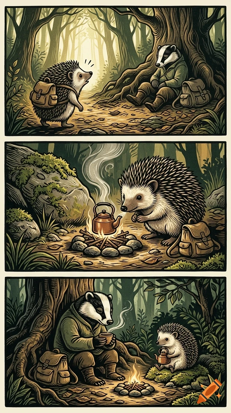 A three-panel comic illustration depicting an anthropomorphic hedgehog and badger camping in a forest.