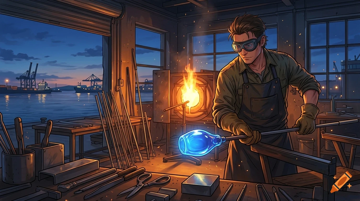 An artisan blows glass in a waterfront workshop at dusk, shaping molten blue glass with tools and a furnace.