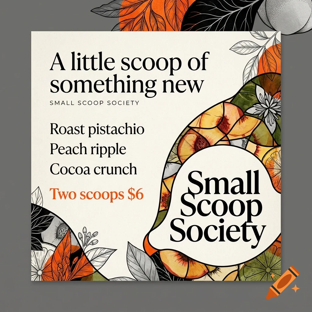 An ice cream shop promotional design featuring text about flavors and pricing alongside botanical and fruit illustrations.