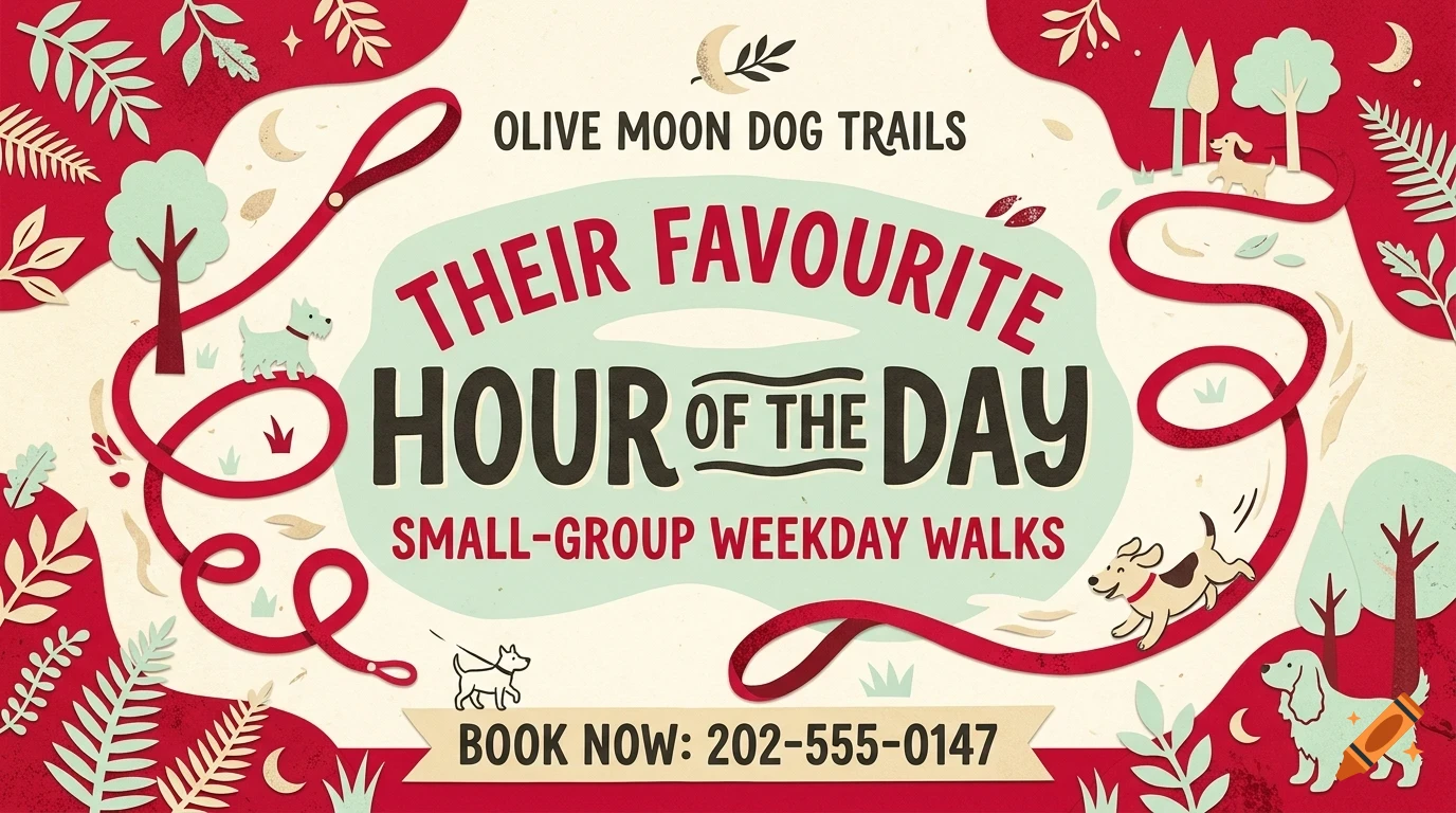 An illustrated poster for dog walks featuring lettering, dogs, leashes, trees, and foliage in red, cream, and turquoise.