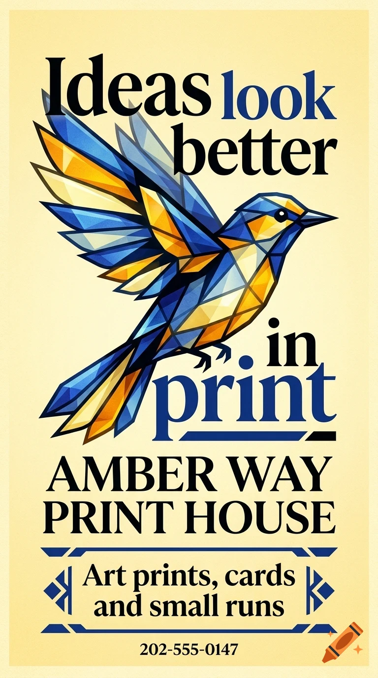 A poster featuring a stylized blue and yellow bird flying amidst text that reads Ideas look better in print and Amber Way Print House.