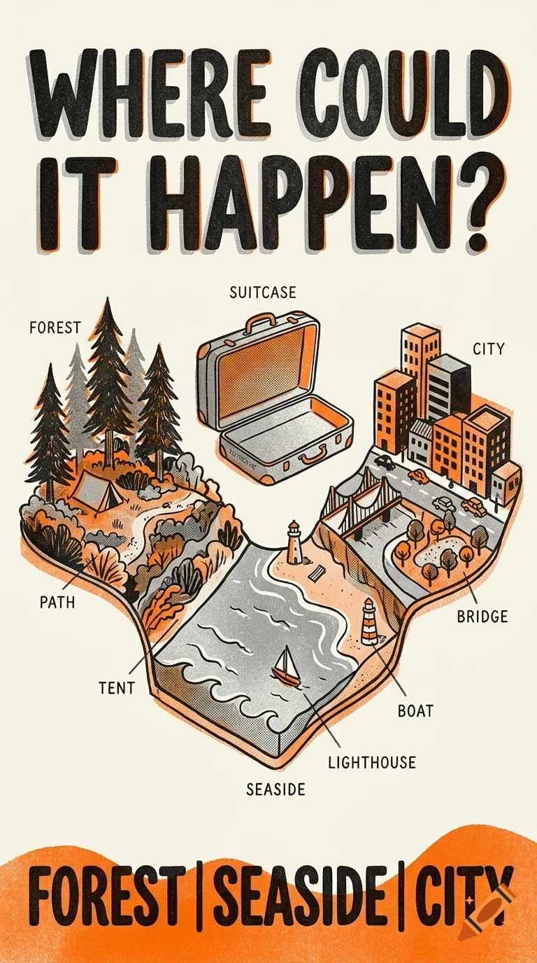 An educational illustration showing a suitcase opening into three distinct environments: a forest, a seaside, and a city.