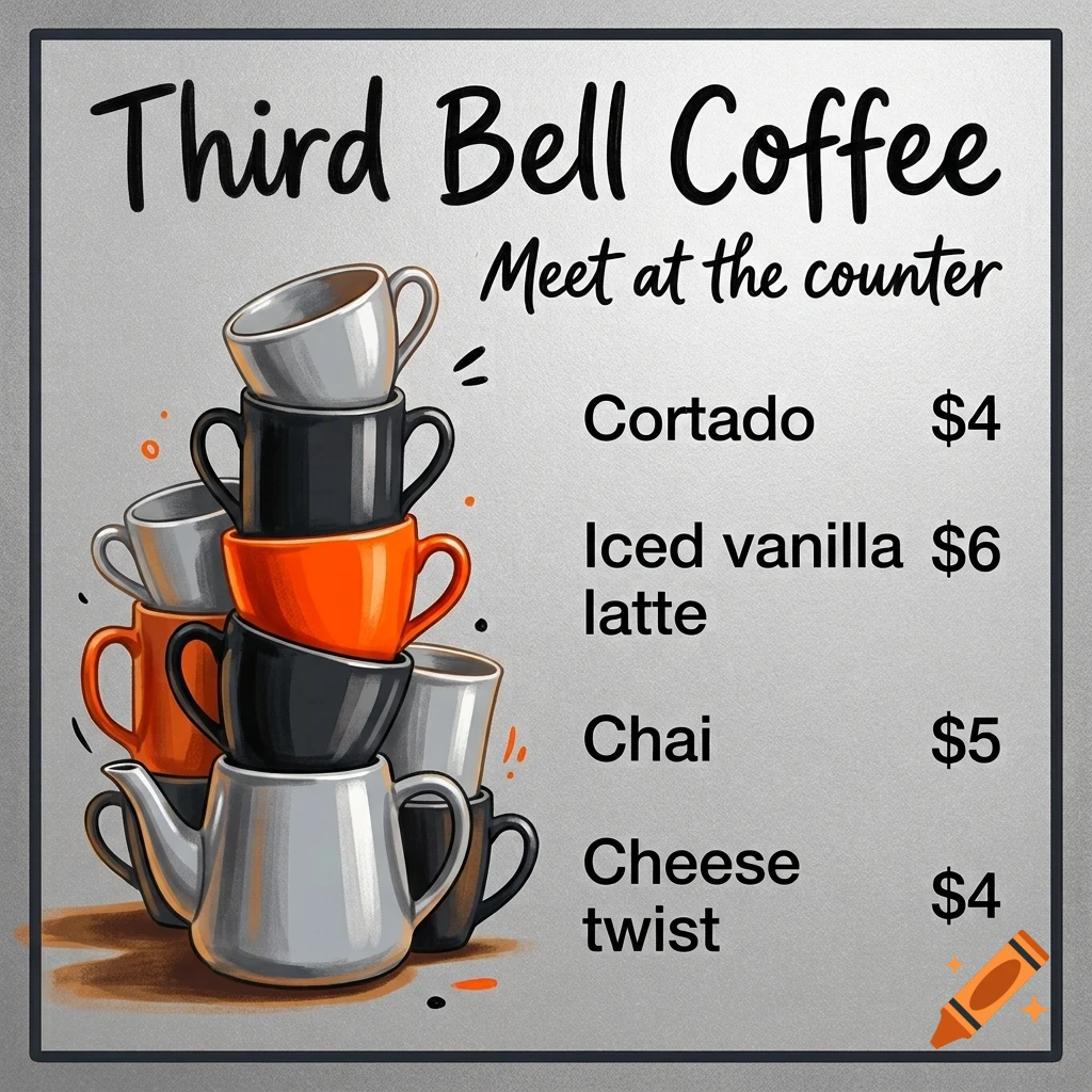 An illustrated coffee shop menu with a stack of mugs and a teapot on the left, listing drinks and prices on the right.