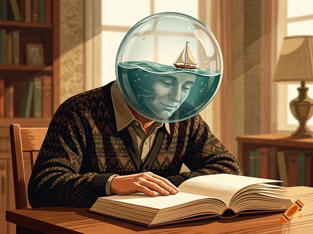 Surreal illustration of a man sitting at a desk reading a book, with his head replaced by a glass sphere filled with water and a small sailboat.