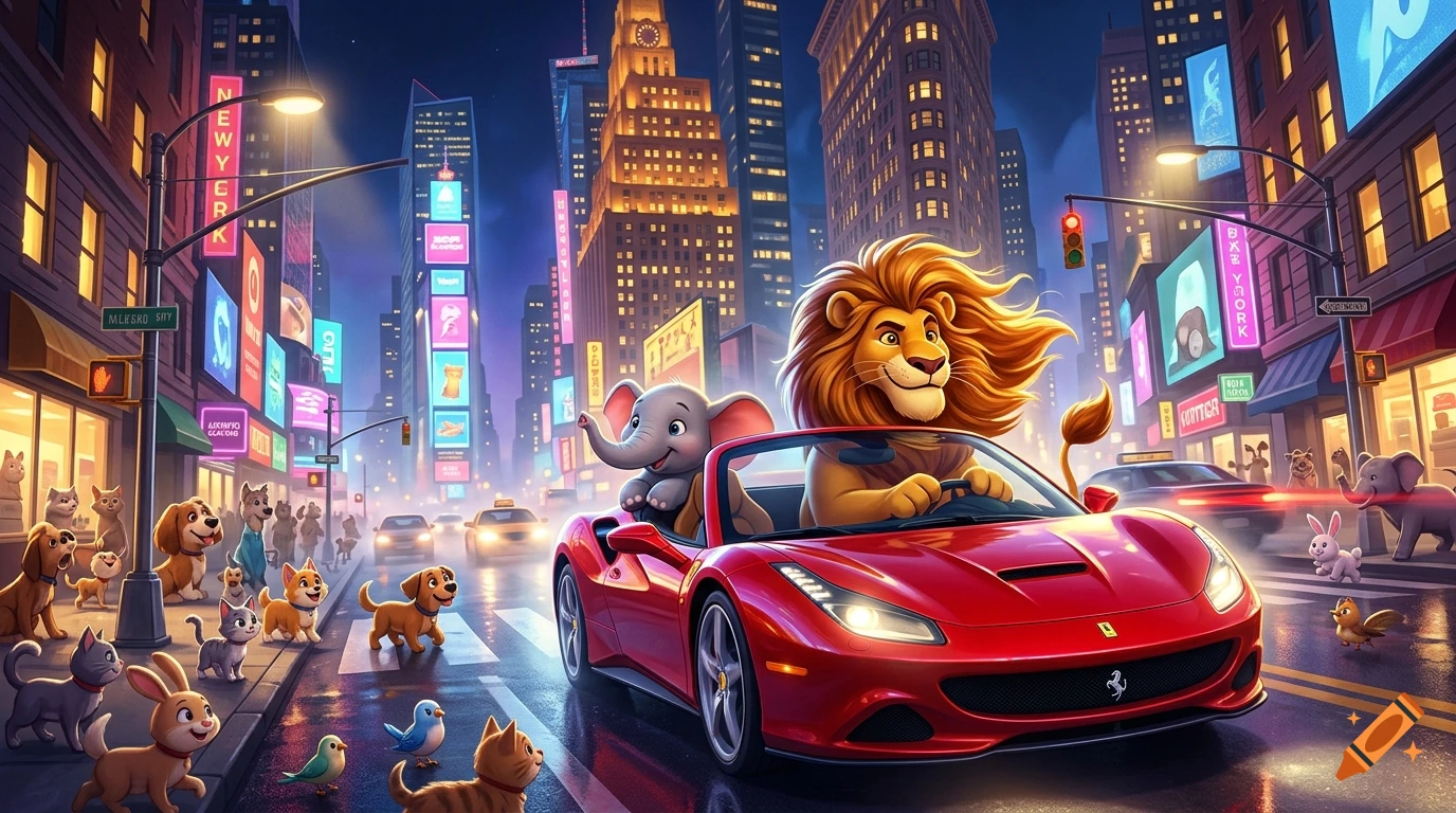 Cartoon lion driving a red sports car through a vibrant city street with various pets.