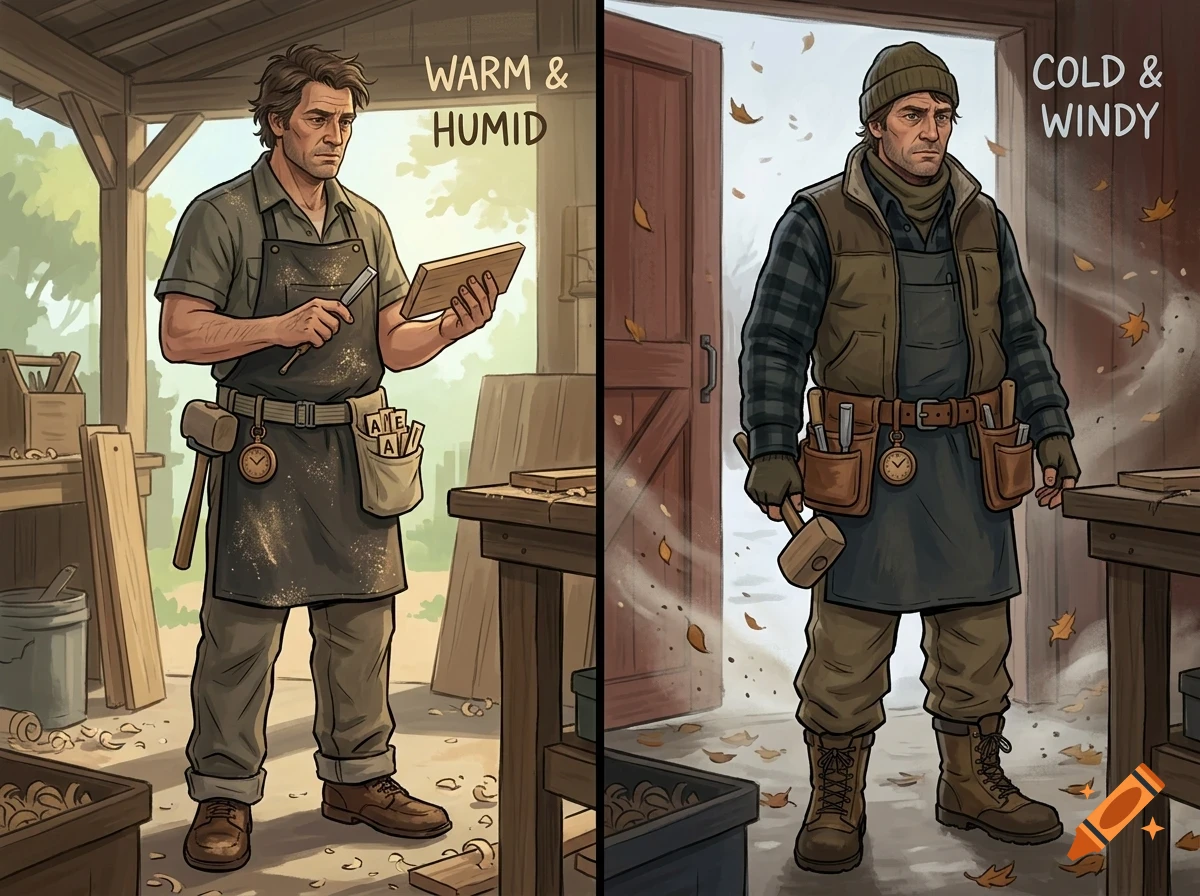A split image comparison showing a carpenter in a warm, humid environment on the left and a cold, windy environment on the right.