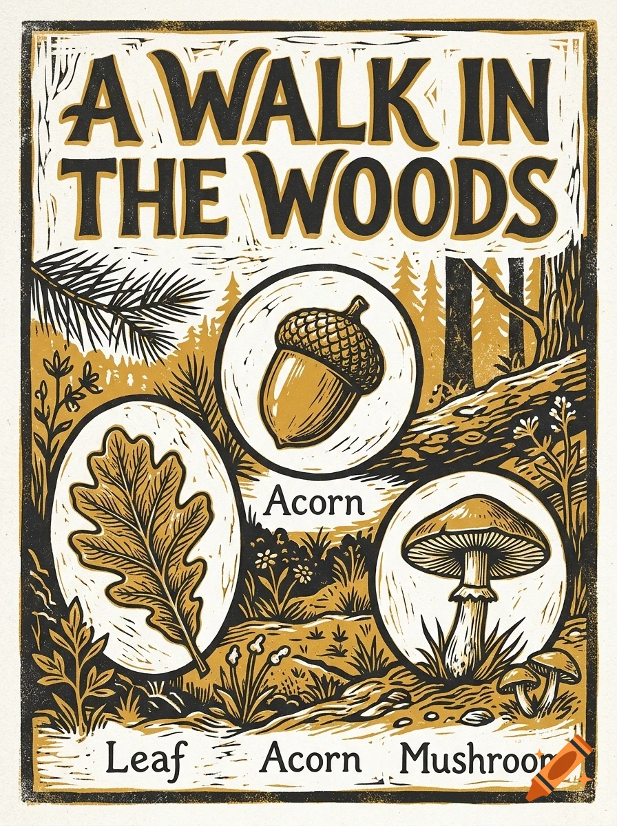 A linocut style poster titled A Walk In The Woods featuring illustrations of a leaf, an acorn, and a mushroom.