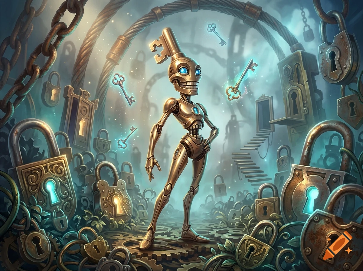 Surreal digital illustration of a humanoid robot made of bronze keys and locks standing in a fantasy key-and-lock labyrinth.