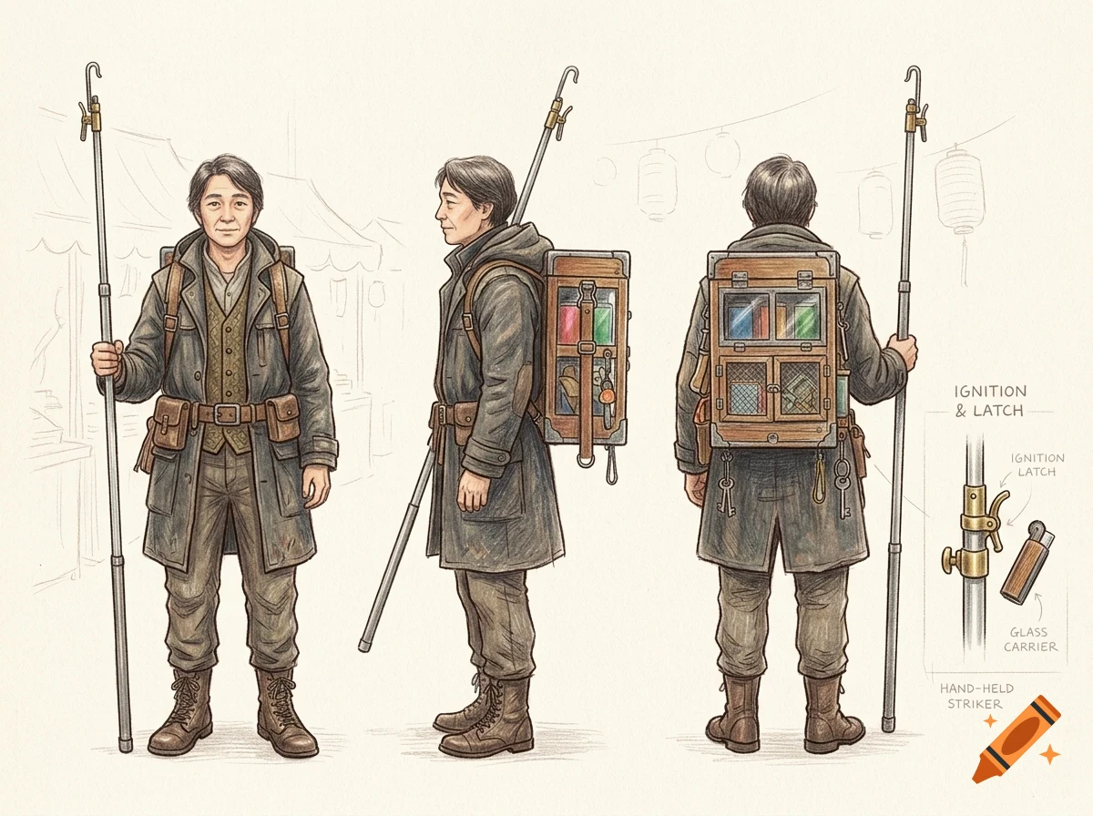 Character design sheet showing multiple views of a man in a long coat carrying a large backpack and a tall pole.