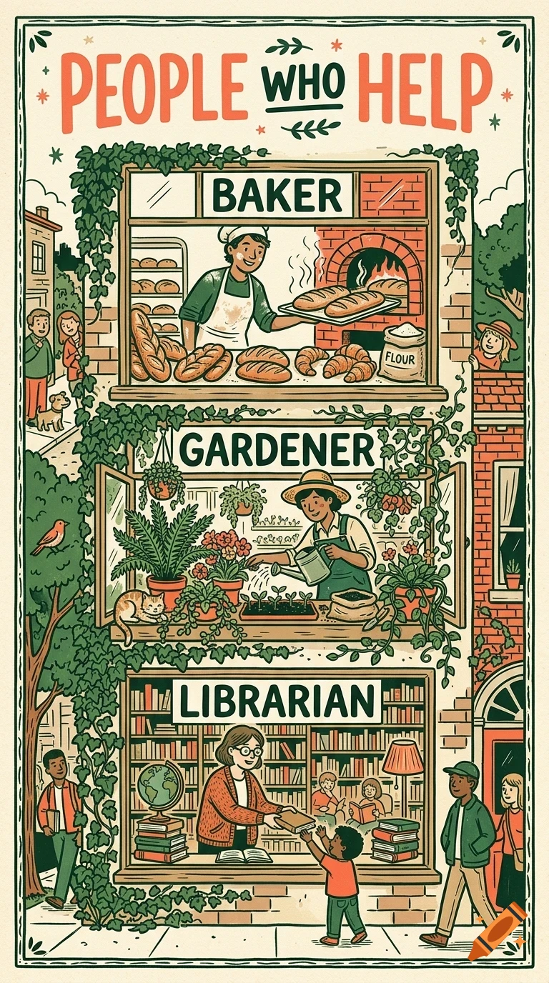 An illustrated poster titled People Who Help featuring cutaways of a bakery, a garden store, and a library with people working inside.