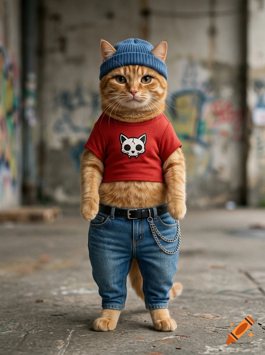 An anthropomorphic orange cat wearing a blue beanie, red crop top with a skull design, and blue jeans, standing in a grungy urban alley.