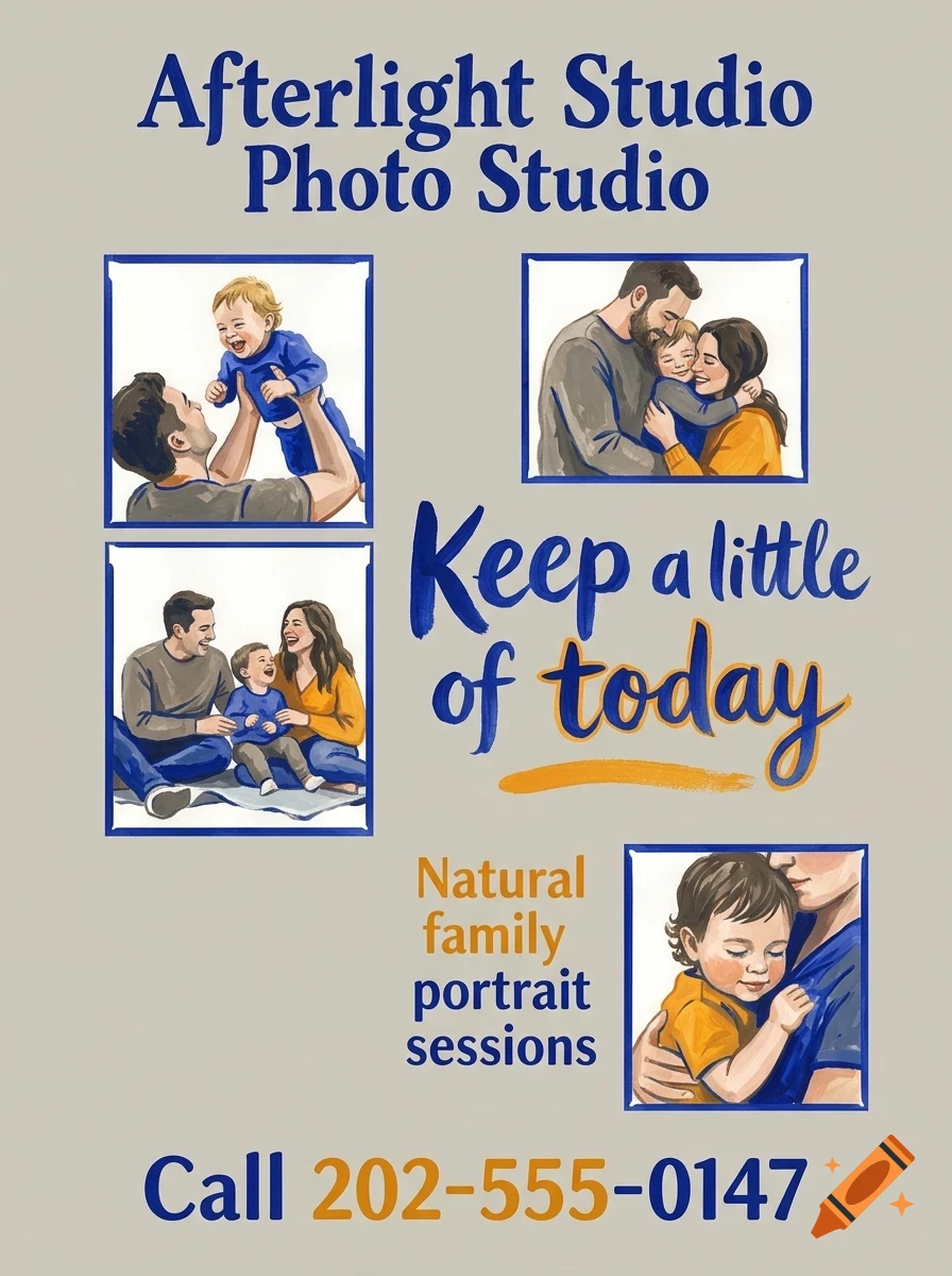 An advertising poster for a photo studio featuring illustrations of families and children, with blue and orange lettering.