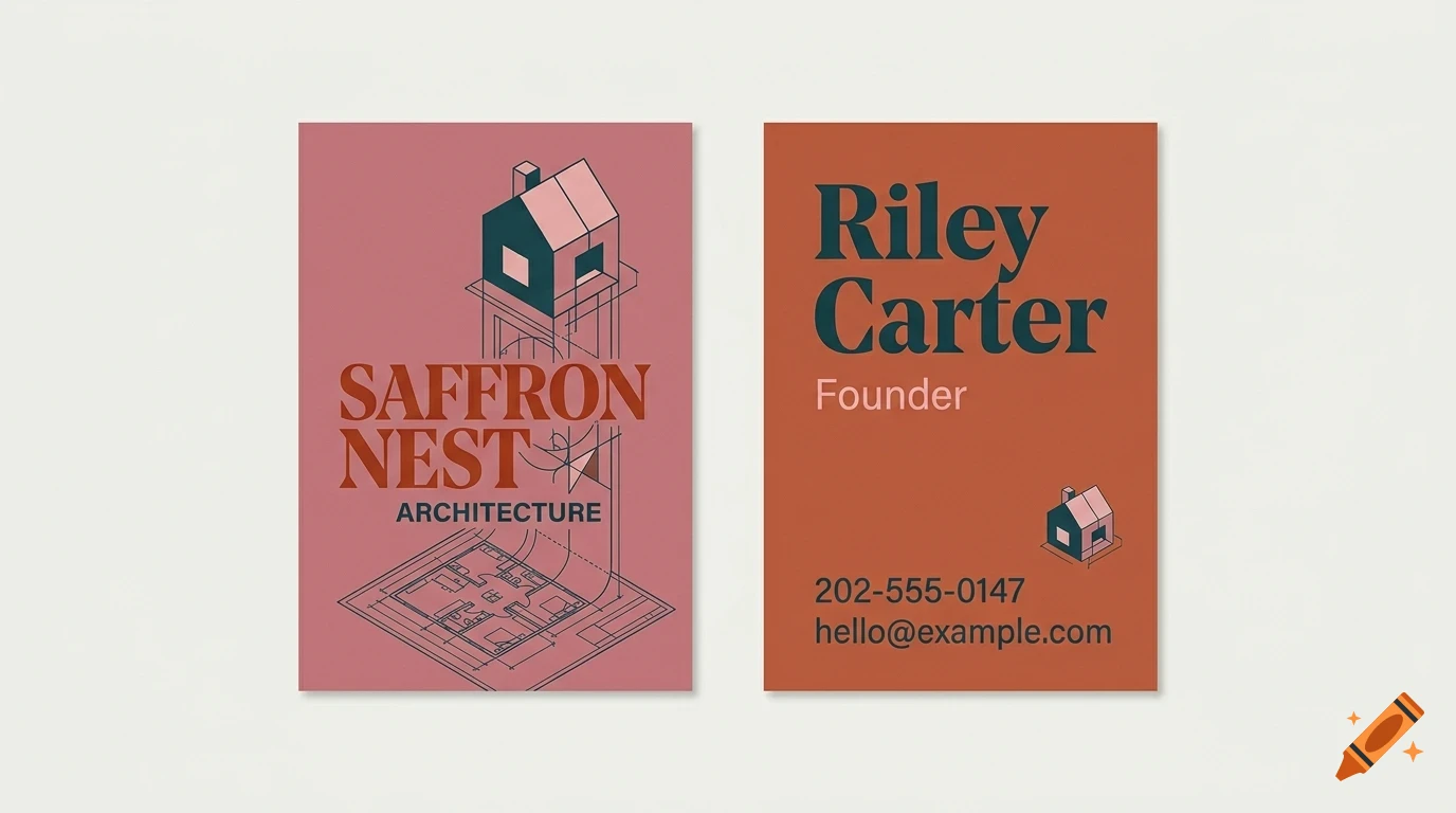Two business card designs for Saffron Nest Architecture featuring architectural drawings, typography, and contact info.