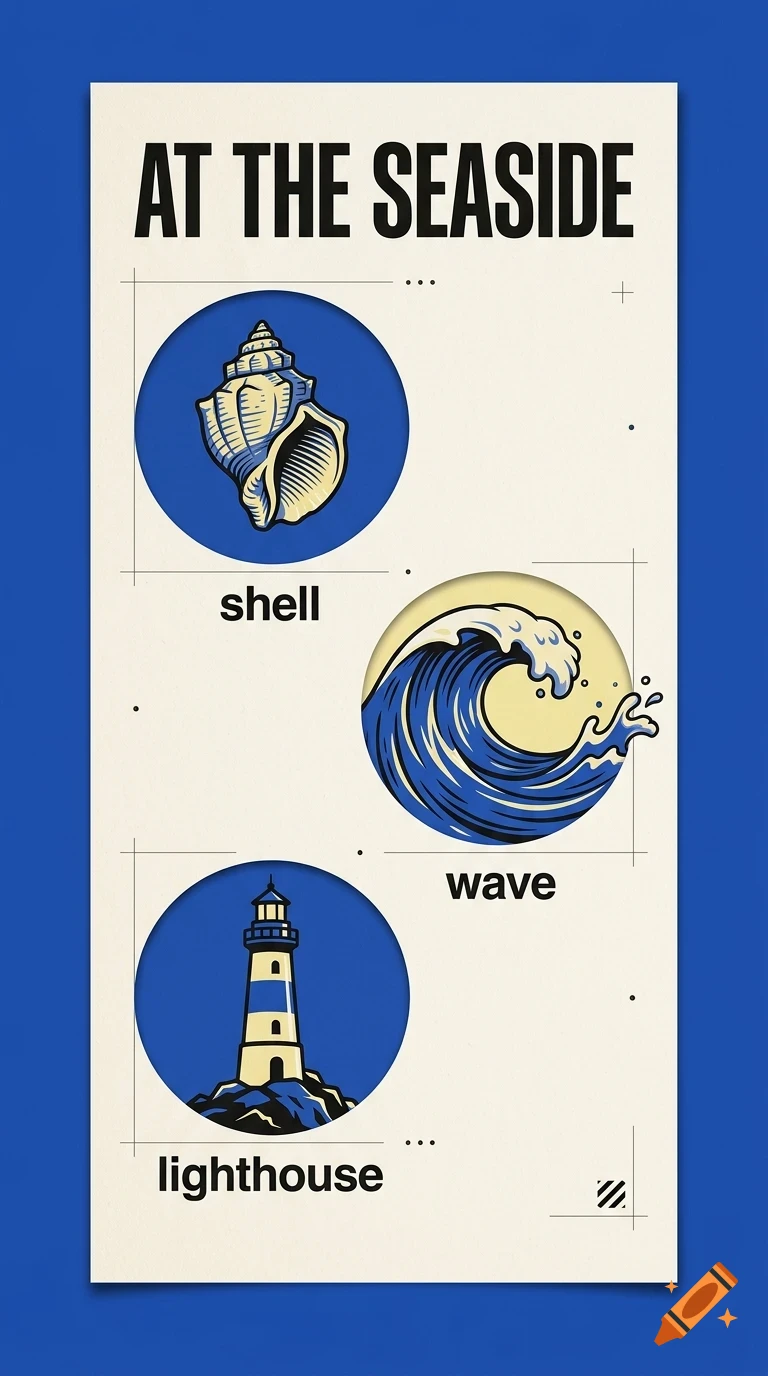 An informational design poster titled 'AT THE SEASIDE' with illustrations of a shell, wave, and lighthouse in circular cutouts.