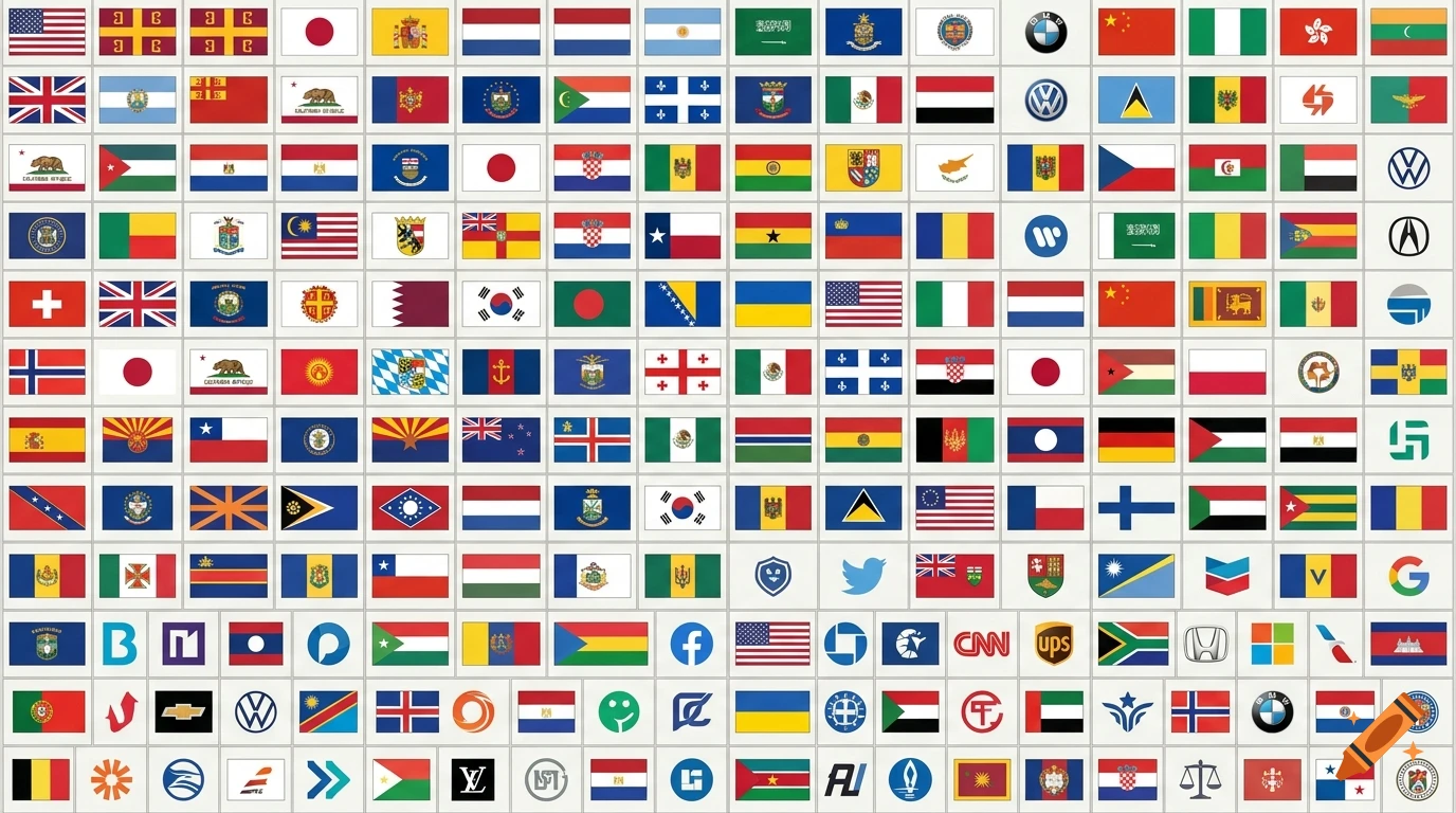 A large grid containing various international flags, state flags, historical flags, and company logos.