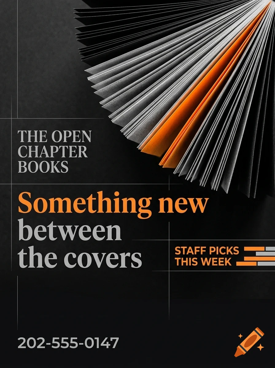An advertisement featuring pages of books fanned out at the top, dark background, and text including THE OPEN CHAPTER BOOKS.