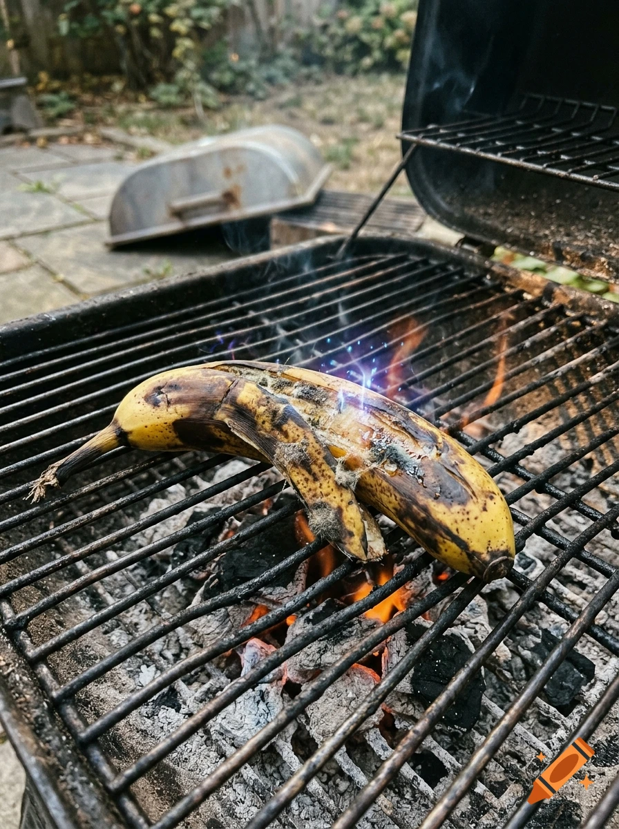 A rotten, moldy banana with glowing blue magical sparks resting on a charcoal grill.