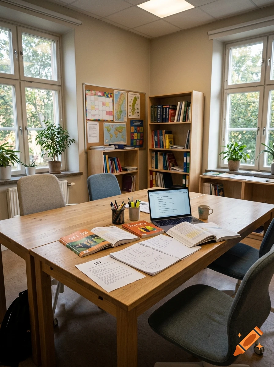 Photorealistic image of a study room with a wooden table, books, open laptop, and chairs in front of large windows.