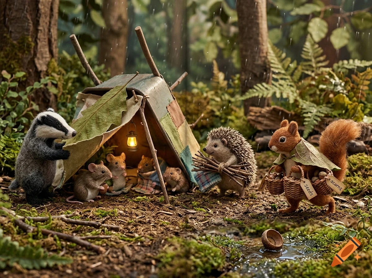 Felt miniature animals including a badger, mice, a hedgehog, and a squirrel gather around a tiny tent in a rainy forest.