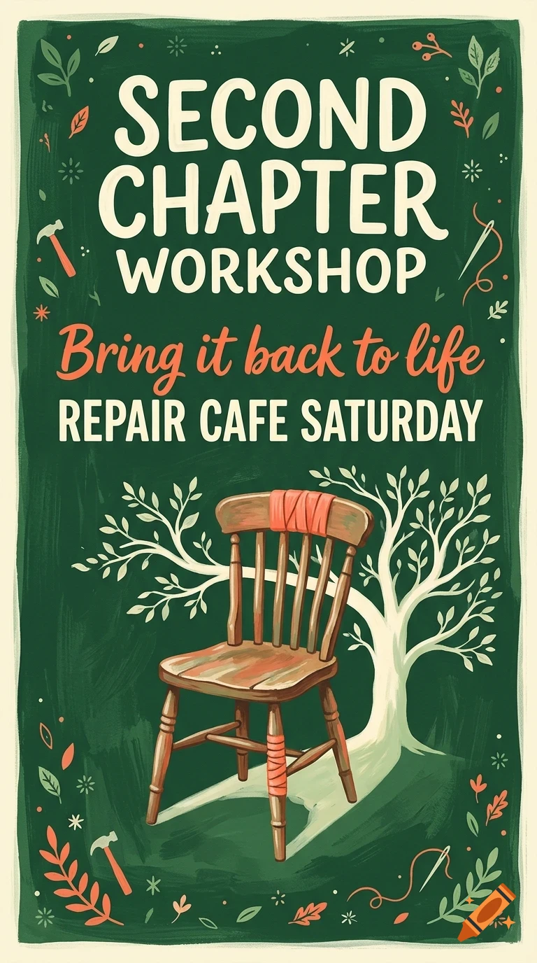 An illustration of a wooden chair with a tree growing behind it on a green background, accompanied by text reading SECOND CHAPTER WORKSHOP.