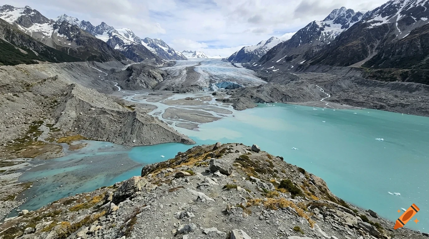 A vast mountain landscape featuring a glacier flowing into a turquoise glacial lake surrounded by rocky terrain and snowy peaks under a cloudy sky.