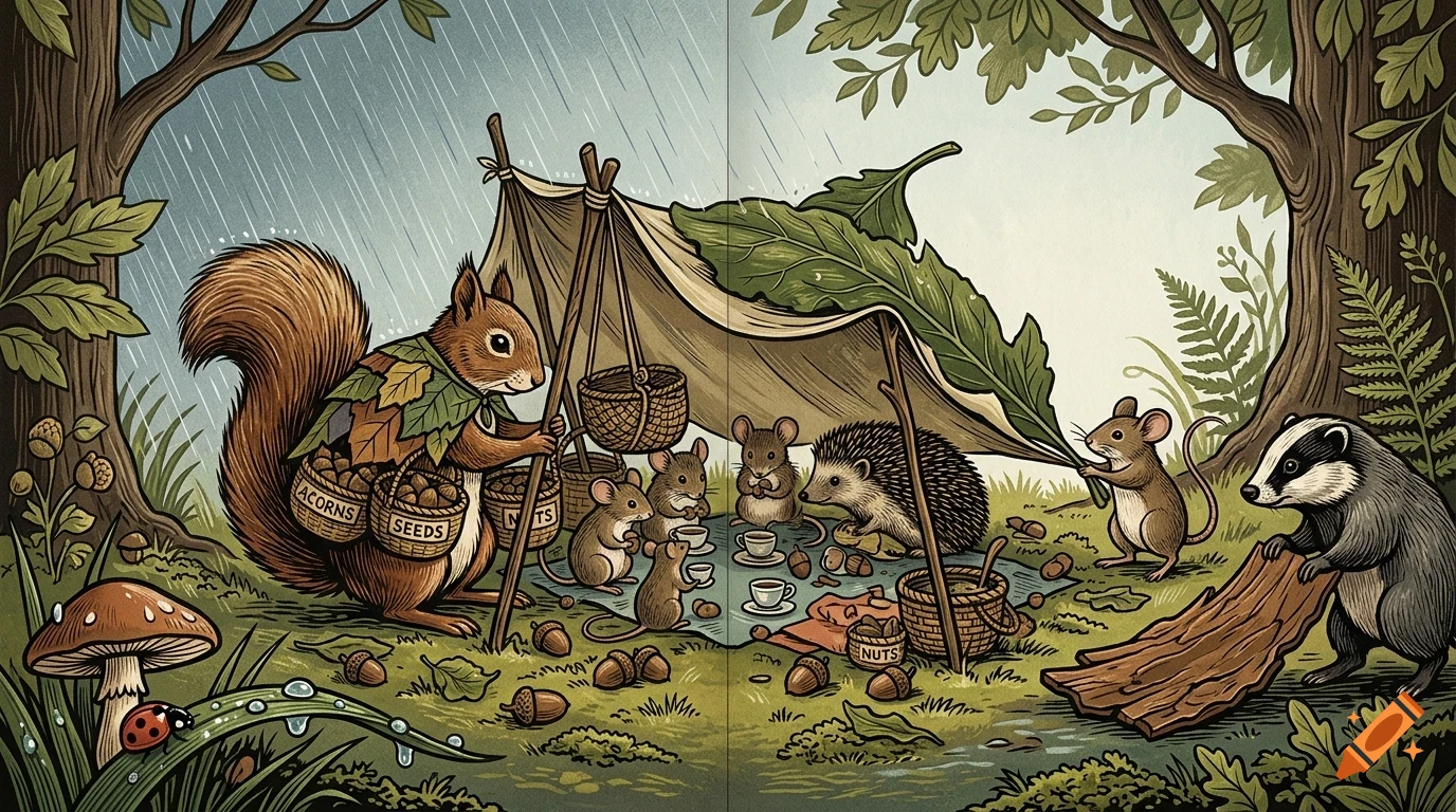 An illustrated woodland scene showing a squirrel, mice, a hedgehog, and a badger having a picnic under a makeshift tent made of cloth and leaves during the rain.
