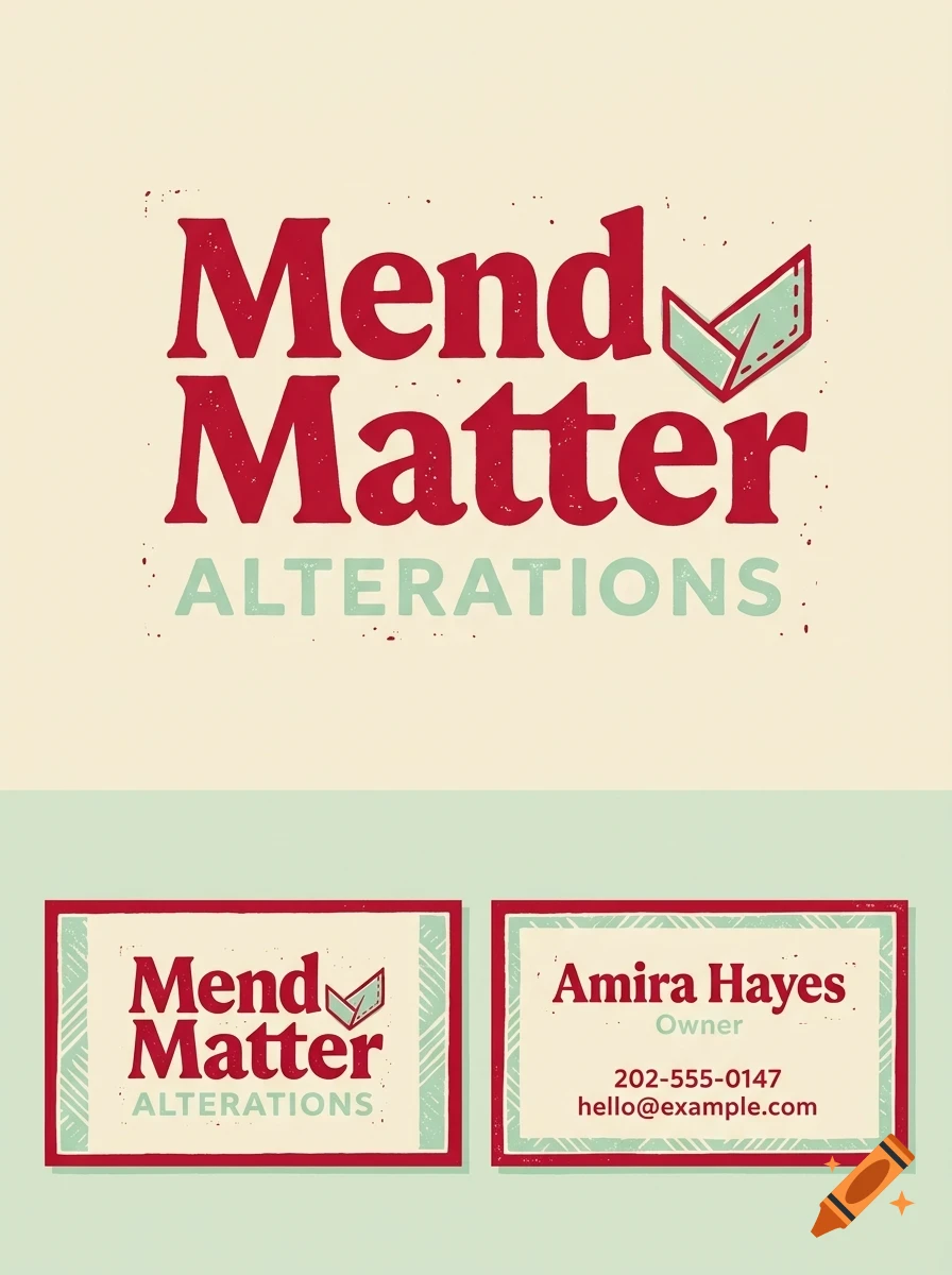 A branding design featuring the text Mend Matter Alterations with a folded fabric icon, shown with matching business cards.